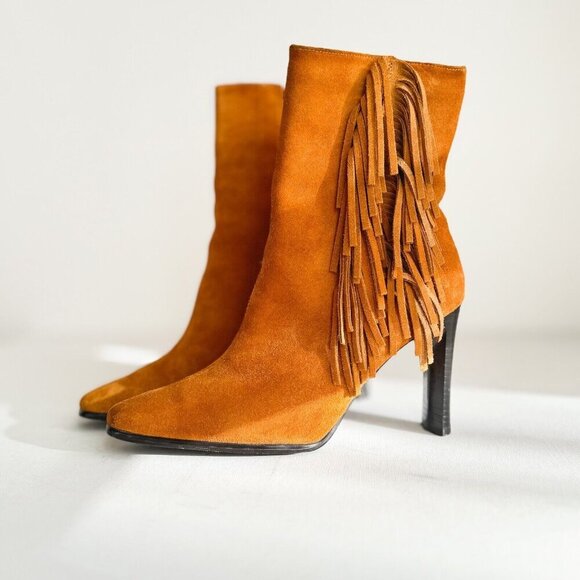 Vintage Predications Leather Collection Brown Suede Fringe Pointy Toe Boots 7.5 - Picture 5 of 10